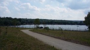 L'allée piétonne permet d'accéder au ponton handi-pêche de l'étang de la Galiotte
